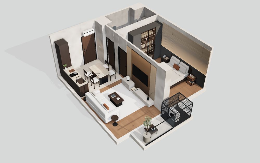 The 1 Bedroom 08D as a 3D cut-away model